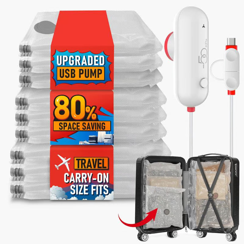 🧳 50% OFF HOT DEAL ! ⚡ Pack of 6-12 Compression Bags for USB Electric Vacuum Cleaner – Space-Saving Storage, Airtight Seal, Reusable & Durable 🌀