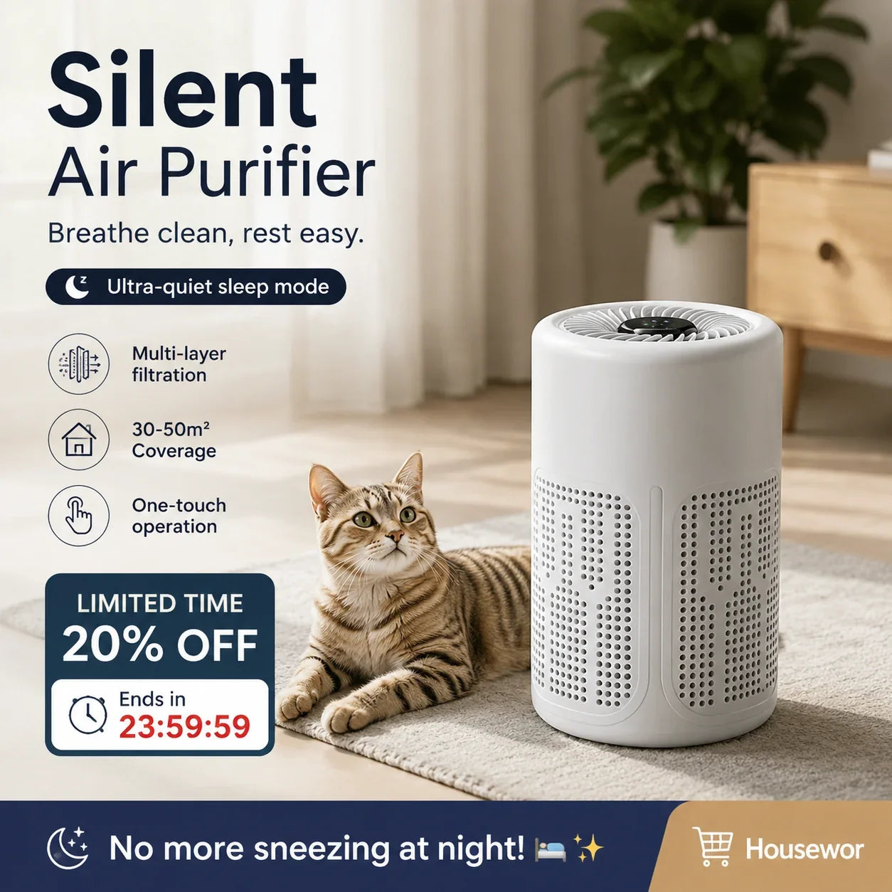 Quiet Energy Efficient Compact Air Purifier For Pet Hair Dust And Allergies